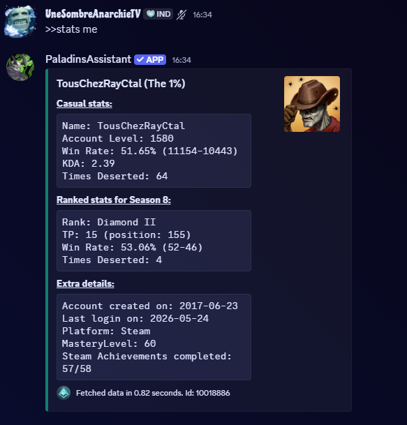 Screenshot du profil avec le bot Paladins assistant